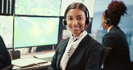 Woman, meteorology and screen with smile, forecast and headset at contact center, monitor and map...