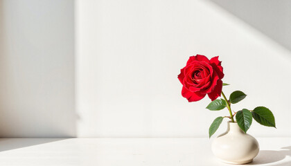 Blooming red rose in vase on white table, natural beauty