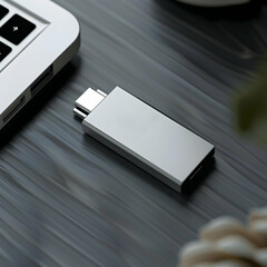 Sleek Silver External Hard Drive or Power Bank Paired with Wireless Earbuds on a Dark, Minimalist Background