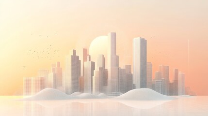 Fototapeta premium Pearl-White Floating City Outline with Light Gray Gridlines, Geometric Skyscraper Silhouettes, Soft Sand-Beige Gradient Accents.