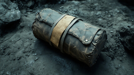 A worn leather satchel abandoned on the cave floor, with a scroll sticking out from its opening.