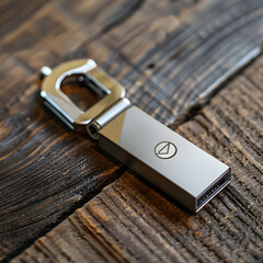 Unique Silver USB Drive or Secure Digital Device with a Textured Body and Distinctive Loop Design on Wood