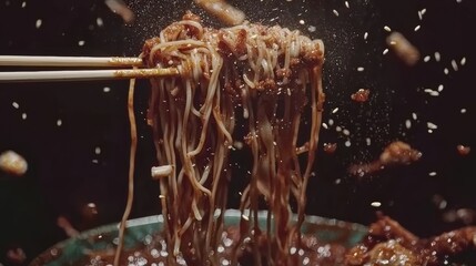 Delicious noodle tossing action restaurant kitchen food photography dark setting close-up culinary art