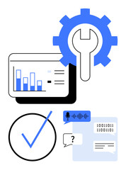 Bar graph dashboard, gear with wrench, speech bubble with text, binary code, microphone icon, and checkmark. Ideal for data management, IT support, task tracking analytics automation