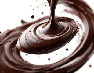Delicious Dark Chocolate Swirl with Dripping Drops on White Background