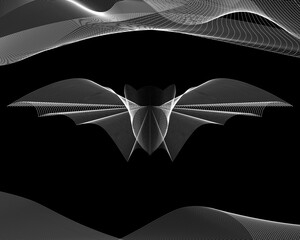 Guilloche flying bat. Silhouette of a flying bat. Guilloche silhouette of a flying bat on the background of a cave.