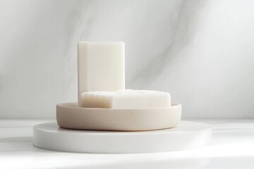 Two bars of solid soap on a beige dish, elevated on a white platform