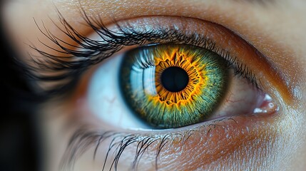 Fototapeta premium Hazel eye macro photography highlights the iris, pupil, and eyelashes, suggesting vision, ophthalmology, and eye health.