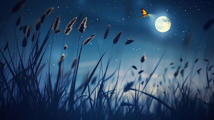 Naklejka premium A firefly captured mid-flight above tall grasses under the moonlit sky, adding a magical touch.