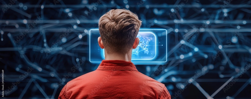Poster a person observes a digital interface displaying complex visuals, surrounded by a network of interco