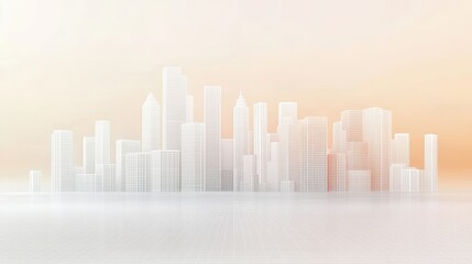 Naklejka premium Pearl-White Floating City Outline with Light Gray Gridlines, Geometric Skyscraper Silhouettes, Soft Sand-Beige Gradient Accents.