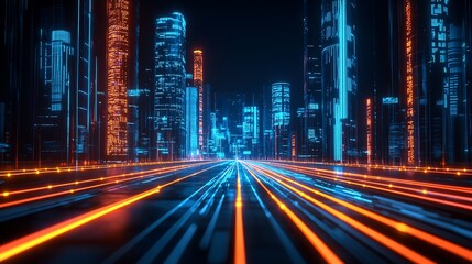 Naklejka premium Smart city with glowing data highways symbolizing AI driven urban infrastructure
