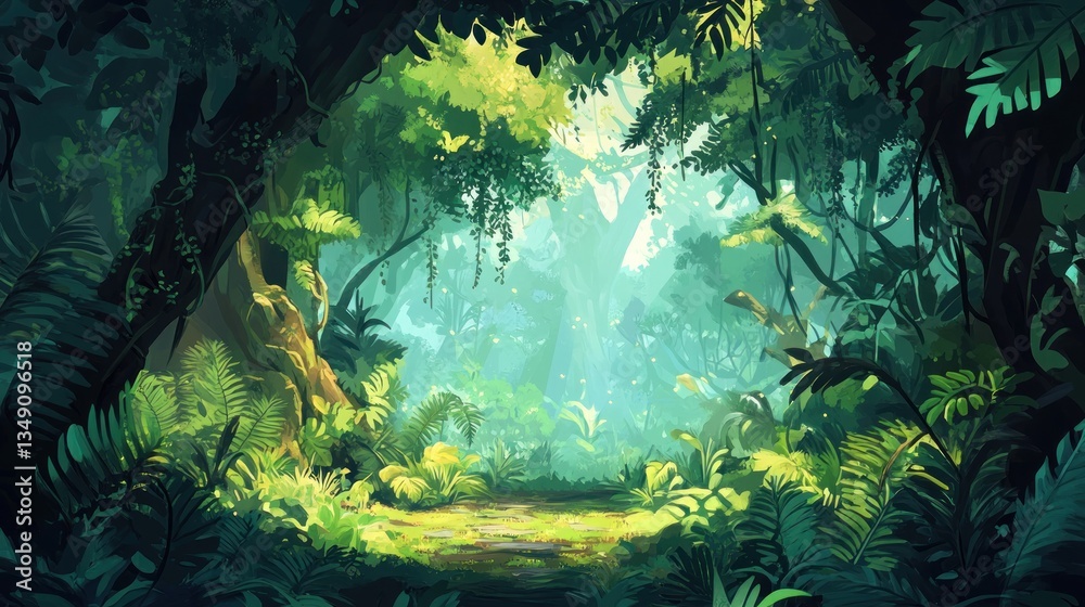 Aufkleber lush green jungle path with sunlight streaming through dense canopy.