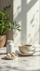 A serene setting with a cup of coffee, a bottle of magnesium glycinate, and natural light streaming through a window.