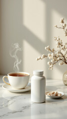 Magnesium Glycinate supplement on a marble counter with a cup of tea and a glass of water, creating an atmosphere of relaxation and wellness.