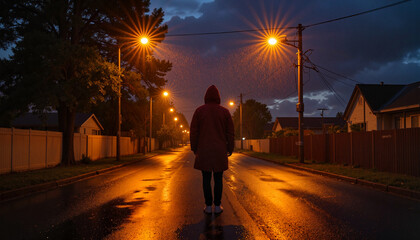 Silhouetted figure in raincoat standing on deserted street at dusk, solitude