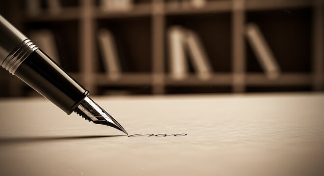 Writing with Fountain Pen Close Up Against Bookshelf Background