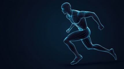A digital rendering of a running human figure, depicted with glowing lines against a dark background, symbolizing speed and athleticism.