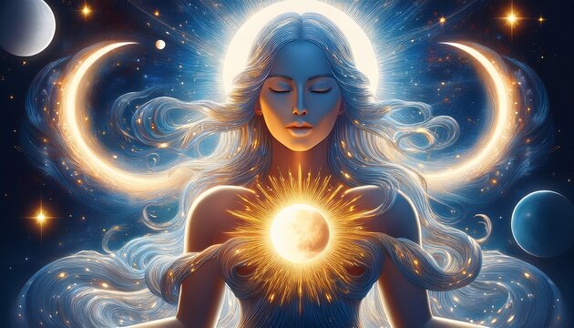 Cosmic goddess holding the sun and moon in her hands, orchestrating an eclipse as planets align, celestial fantasy scene, ethereal cosmic art