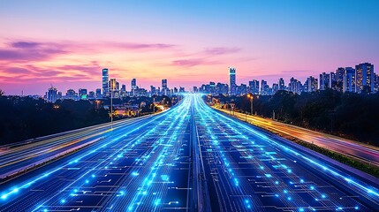 Fototapeta premium Smart city with glowing data highways symbolizing AI driven urban infrastructure