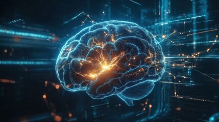 Futuristic glowing digital brain with neural connections and data flow