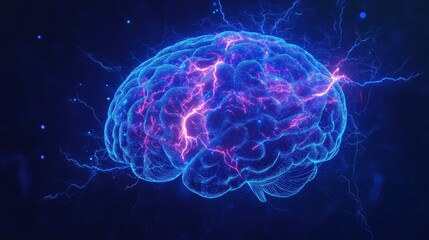Futuristic glowing brain with neural energy and electric impulses