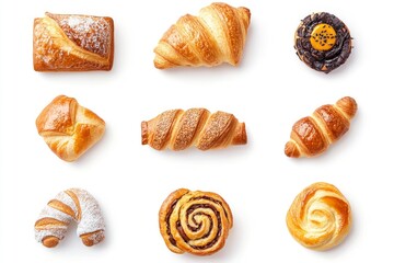 Assorted Baked Pastries Freshly Made on White Background for Bakery Display