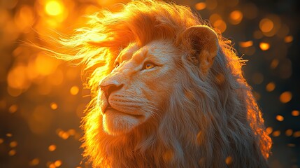 Naklejka premium In the African savanna, a majestic male lion with a flowing mane gazes at the breathtaking golden sunset.
