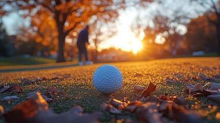 In the early morning sun's warm glow, a golf ball rests on the green a golfer prepares to putt in the background.