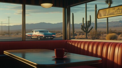 Fototapeta premium A still moment in a mid-century modern diner. The red booth and coffee cup remain untouched, as a 2024 Sport ES moves through the soft desert evening outside the window