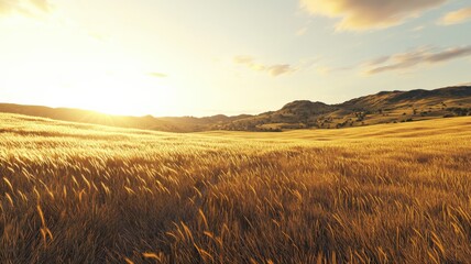 Obraz premium Ultra-realistic 3D render of golden wheat fields at sunset with warm lighting and soft wind moving the crops. Semi-realistic scene emphasizing calm, nature, and cinematic beauty.