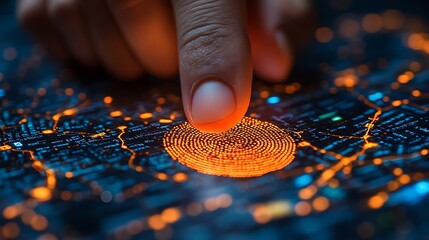 Finger scanning futuristic digital map.