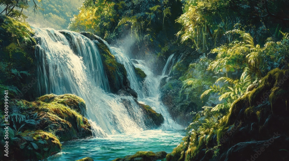 Poster lush rainforest waterfall cascading into a tranquil pool.