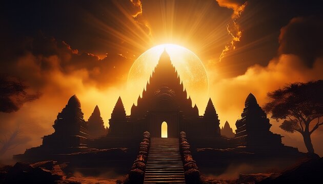 Dramatic image of a partial solar eclipse seen through the silhouette of an ancient temple, cinematic celestial alignment, atmospheric landscape