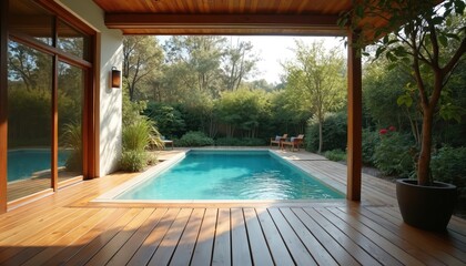 Wooden deck, swimming pool, backyard garden. Modern house, wooden floor. Sunny summer day. Luxury vacation, relaxation. Blue water, sunlight, tropical resort, vacation, travel, lifestyle, leisure.