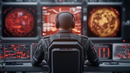 A futuristic scene featuring a figure in a headset monitoring multiple digital screens displaying complex data and celestial visuals.