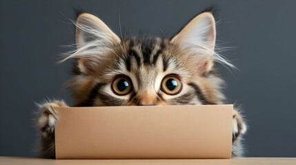 Adorable Ginger Kitten Holding a Cardboard Sign Against Grey Background