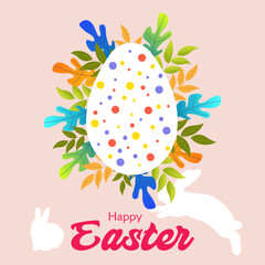 Cheerful Easter illustration with a bright, multicolored egg, nature-inspired elements, and adorable bunny silhouettes, ideal for greeting cards, social media, and festive designs.
