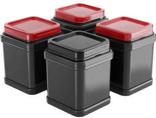 3D Render Of Black Square Containers With Red Lids On White Isolated Background With Realistic Shadows And Transparent Elements For Commercial Use