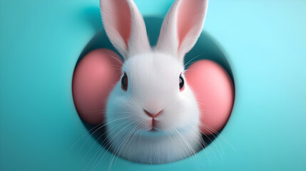 Adorable White Easter Bunny with Pink Eggs in a Blue Circular Hole