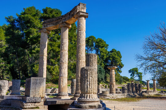 Ruins of Ancient Olympia in Greece, the cradle of the Olympic Games and the sanctuary of Zeus.