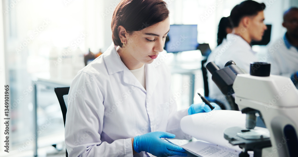 Poster woman, scientist and check document in lab of medical study, experiment results and information. per