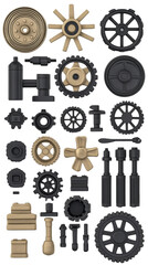 Fototapeta premium 3D Illustration of Various Gears and Mechanical Components in Black and Beige a Detailed Assembly on Transparent Background Optimizing Engineering and Technology
