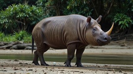 Naklejka premium A solitary, stout-bodied rhino stands by a riverbank in a lush, tropical forest