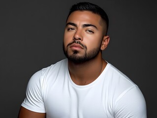 Fototapeta premium Handsome Man Portrait, Serious Expression, Studio Shot, White T-Shirt