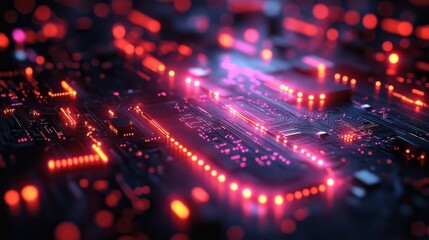 Obraz premium Illuminated Red Circuit Board Closeup With Dark Background and Electronic Components