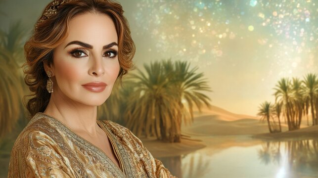 Elegant Woman in Gold Gown Against Desert Oasis Backdrop - Powered by Adobe