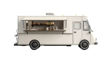 a food truck parked with window open with food prepared for sale isolated on transparent background	