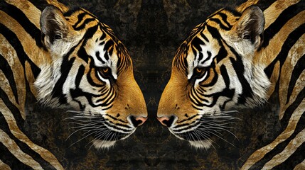 Majestic Tigers Staring Intently at Each Other in a Lush Green Jungle Setting Capturing Raw Power and Grace