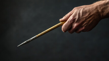 A sculptor's hand holding a metal sculpting tool with a wooden handle, captured in a studio setting with a solid gray background. The tool's metallic surface catches ambient light, creating subtle r